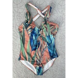 Nani Swimwear Tropical Palm Print One Piece Swimsuit Criss Cross Strap / Large
